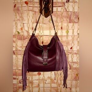 GILI woman’s maroon and gold pebble leather fringe shoulder purse